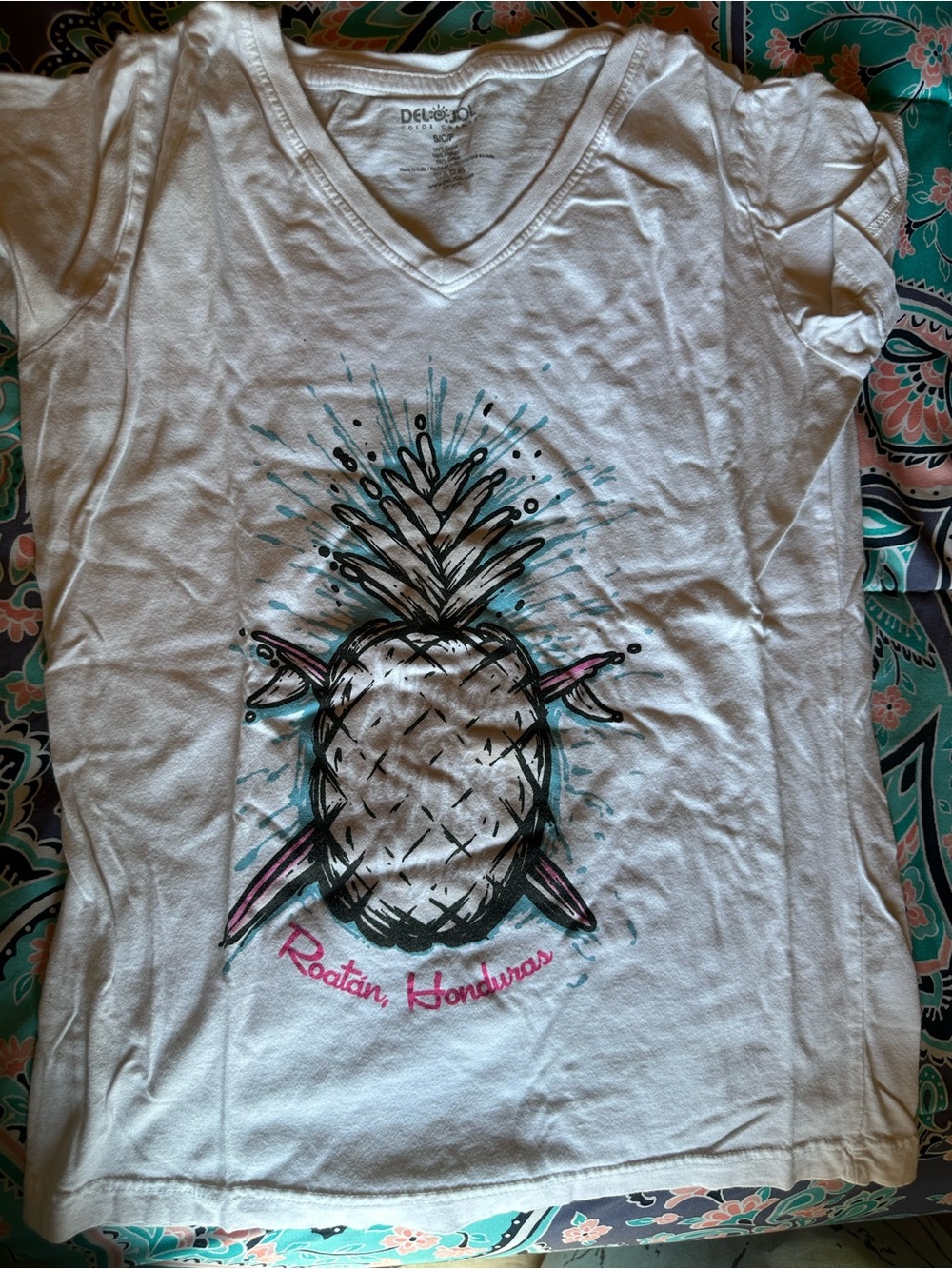 Luxe White Pineapple Graphic V-Neck Tee with Teal & Pink Accents